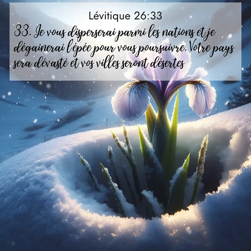 Segond21 Lévitique  ; image nature: image avec le verset biblique :Je vous disperserai parmi les nations et je dégainerai l&#039;épée pour vous poursuivre. Votre pays sera dévasté et vos villes seront désertes. ;  ; 26:33