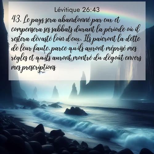 Segond21 Lévitique  ; image nature: image avec le verset biblique :Le pays sera abandonné par eux et compensera ses sabbats durant la période où il restera dévasté loin d&#039;eux. Ils paieront la dette de leur faute, parce qu&#039;ils auront méprisé mes règles et qu&#039;ils auront montré du dégoût envers mes prescriptions. ;  ; 26:43