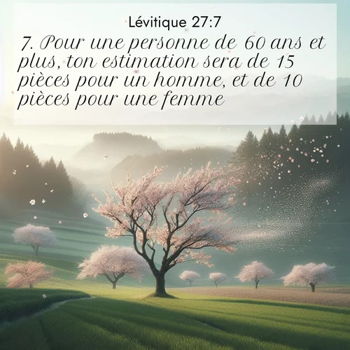 Segond21 Lévitique  ; image nature: image avec le verset biblique :Pour une personne de 60 ans et plus, ton estimation sera de 15 pièces pour un homme, et de 10 pièces pour une femme. ;  ; 27:7