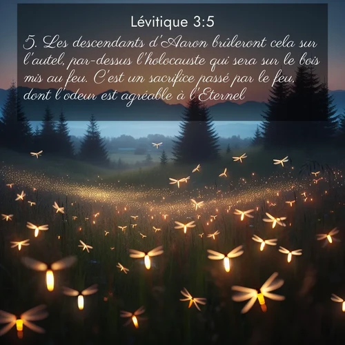 Segond21 Lévitique  ; image nature: image avec le verset biblique :Les descendants d&#039;Aaron brûleront cela sur l&#039;autel, par-dessus l&#039;holocauste qui sera sur le bois mis au feu. C&#039;est un sacrifice passé par le feu, dont l&#039;odeur est agréable à l&#039;Eternel. ;  ; 3:5