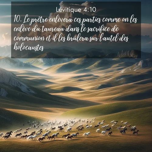 Segond21 Lévitique  ; image nature: image avec le verset biblique :Le prêtre enlèvera ces parties comme on les enlève du taureau dans le sacrifice de communion et il les brûlera sur l&#039;autel des holocaustes. ;  ; 4:10