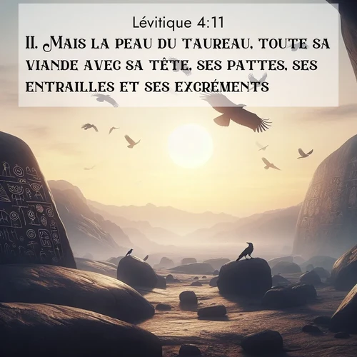 Segond21 Lévitique  ; image nature: image avec le verset biblique :Mais la peau du taureau, toute sa viande avec sa tête, ses pattes, ses entrailles et ses excréments, ;  ; 4:11