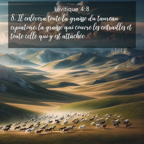Segond21 Lévitique  ; image nature: image avec le verset biblique :Il enlèvera toute la graisse du taureau expiatoire, la graisse qui couvre les entrailles et toute celle qui y est attachée, ;  ; 4:8