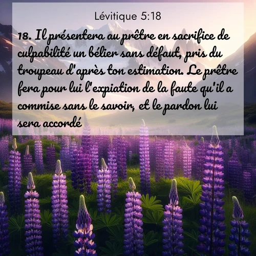 Segond21 Lévitique  ; image nature: image avec le verset biblique :Il présentera au prêtre en sacrifice de culpabilité un bélier sans défaut, pris du troupeau d&#039;après ton estimation. Le prêtre fera pour lui l&#039;expiation de la faute qu&#039;il a commise sans le savoir, et le pardon lui sera accordé. ;  ; 5:18