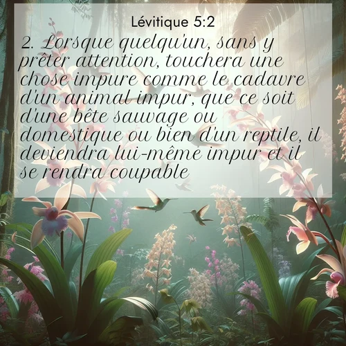 Segond21 Lévitique  ; image nature: image avec le verset biblique :Lorsque quelqu&#039;un, sans y prêter attention, touchera une chose impure comme le cadavre d&#039;un animal impur, que ce soit d&#039;une bête sauvage ou domestique ou bien d&#039;un reptile, il deviendra lui-même impur et il se rendra coupable. ;  ; 5:2