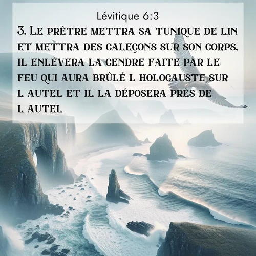 Segond21 Lévitique  ; image nature: image avec le verset biblique :Le prêtre mettra sa tunique de lin et mettra des caleçons sur son corps, il enlèvera la cendre faite par le feu qui aura brûlé l&#039;holocauste sur l&#039;autel et il la déposera près de l&#039;autel. ;  ; 6:3