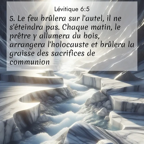 Segond21 Lévitique  ; image nature: image avec le verset biblique :Le feu brûlera sur l&#039;autel, il ne s&#039;éteindra pas. Chaque matin, le prêtre y allumera du bois, arrangera l&#039;holocauste et brûlera la graisse des sacrifices de communion. ;  ; 6:5