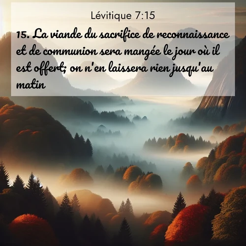 Segond21 Lévitique  ; image nature: image avec le verset biblique :La viande du sacrifice de reconnaissance et de communion sera mangée le jour où il est offert; on n&#039;en laissera rien jusqu&#039;au matin. ;  ; 7:15