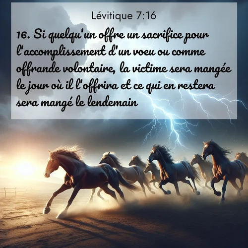 Segond21 Lévitique  ; image nature: image avec le verset biblique :Si quelqu&#039;un offre un sacrifice pour l&#039;accomplissement d&#039;un voeu ou comme offrande volontaire, la victime sera mangée le jour où il l&#039;offrira et ce qui en restera sera mangé le lendemain. ;  ; 7:16