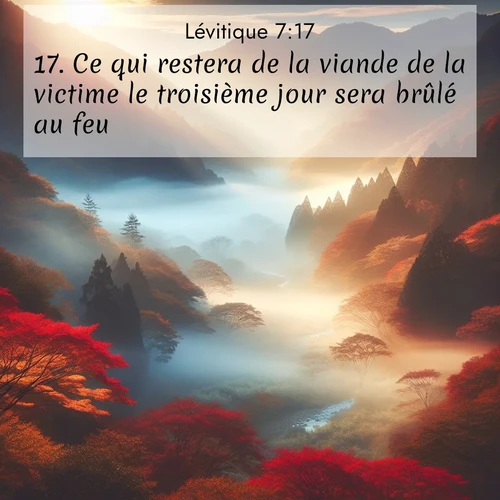 Segond21 Lévitique  ; image nature: image avec le verset biblique :Ce qui restera de la viande de la victime le troisième jour sera brûlé au feu. ;  ; 7:17