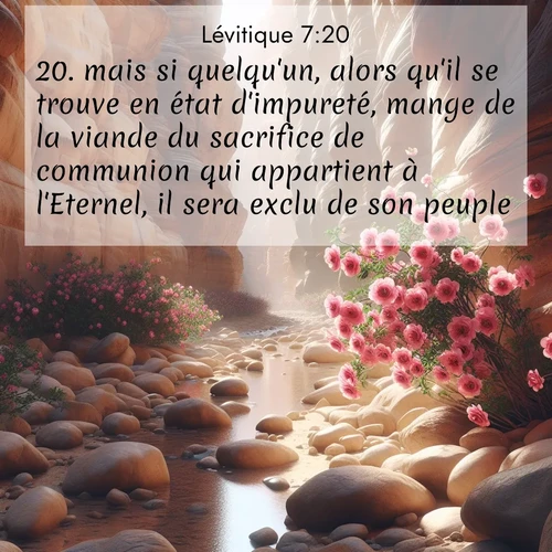 Segond21 Lévitique  ; image nature: image avec le verset biblique :mais si quelqu&#039;un, alors qu&#039;il se trouve en état d&#039;impureté, mange de la viande du sacrifice de communion qui appartient à l&#039;Eternel, il sera exclu de son peuple. ;  ; 7:20