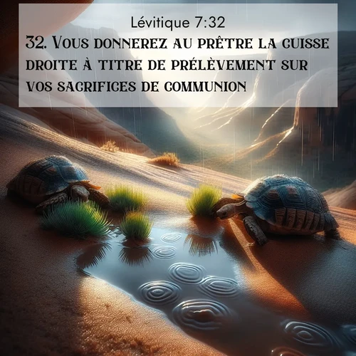 Segond21 Lévitique  ; image nature: image avec le verset biblique :Vous donnerez au prêtre la cuisse droite à titre de prélèvement sur vos sacrifices de communion; ;  ; 7:32