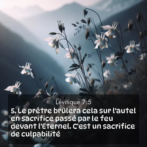 Segond21 Lévitique  ; image nature: image avec le verset biblique :Le prêtre brûlera cela sur l&#039;autel en sacrifice passé par le feu devant l&#039;Eternel. C&#039;est un sacrifice de culpabilité. ;  ; 7:5