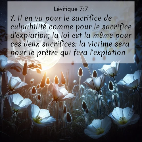 Segond21 Lévitique  ; image nature: image avec le verset biblique :Il en va pour le sacrifice de culpabilité comme pour le sacrifice d&#039;expiation; la loi est la même pour ces deux sacrifices: la victime sera pour le prêtre qui fera l&#039;expiation. ;  ; 7:7