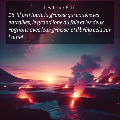Segond21 Lévitique  ; image nature: image avec le verset biblique :Il prit toute la graisse qui couvre les entrailles, le grand lobe du foie et les deux rognons avec leur graisse, et il brûla cela sur l&#039;autel. ;  ; 8:16