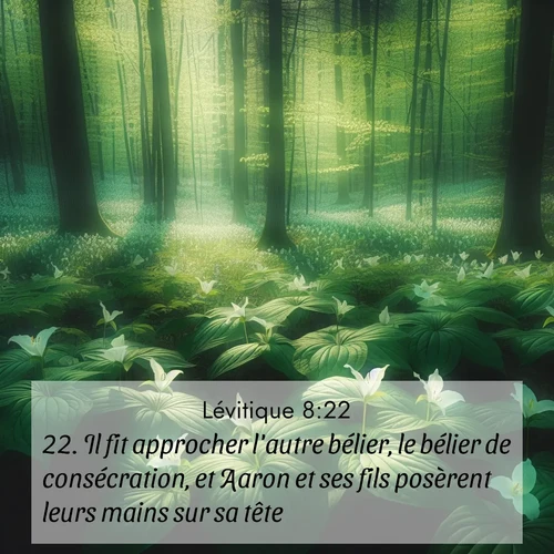 Segond21 Lévitique  ; image nature: image avec le verset biblique :Il fit approcher l&#039;autre bélier, le bélier de consécration, et Aaron et ses fils posèrent leurs mains sur sa tête. ;  ; 8:22
