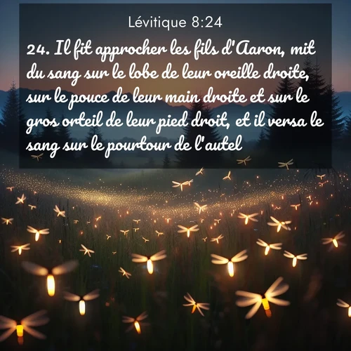 Segond21 Lévitique  ; image nature: image avec le verset biblique :Il fit approcher les fils d&#039;Aaron, mit du sang sur le lobe de leur oreille droite, sur le pouce de leur main droite et sur le gros orteil de leur pied droit, et il versa le sang sur le pourtour de l&#039;autel. ;  ; 8:24
