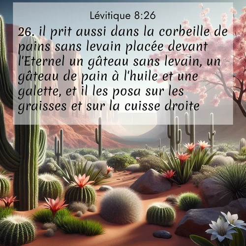 Segond21 Lévitique  ; image nature: image avec le verset biblique :il prit aussi dans la corbeille de pains sans levain placée devant l&#039;Eternel un gâteau sans levain, un gâteau de pain à l&#039;huile et une galette, et il les posa sur les graisses et sur la cuisse droite. ;  ; 8:26