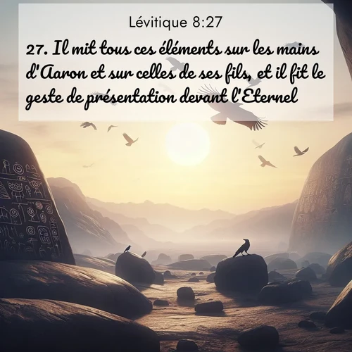 Segond21 Lévitique  ; image nature: image avec le verset biblique :Il mit tous ces éléments sur les mains d&#039;Aaron et sur celles de ses fils, et il fit le geste de présentation devant l&#039;Eternel. ;  ; 8:27