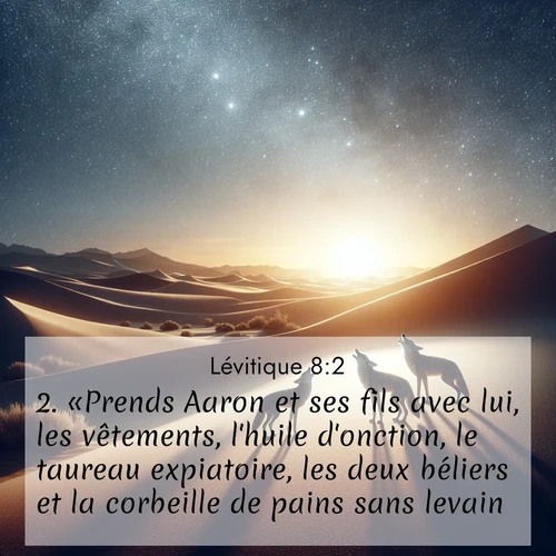 Segond21 Lévitique  ; image nature: image avec le verset biblique :«Prends Aaron et ses fils avec lui, les vêtements, l&#039;huile d&#039;onction, le taureau expiatoire, les deux béliers et la corbeill</p><p>Lire le verset dans son contexte : <br><a href=