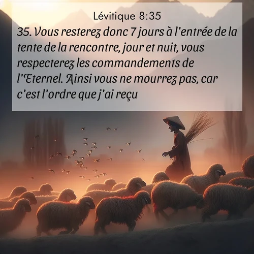 Segond21 Lévitique  ; image nature: image avec le verset biblique :Vous resterez donc 7 jours à l&#039;entrée de la tente de la rencontre, jour et nuit, vous respecterez les commandements de l&#039;Eternel. Ainsi vous ne mourrez pas, car c&#039;est l&#039;ordre que j&#039;ai reçu.» ;  ; 8:35