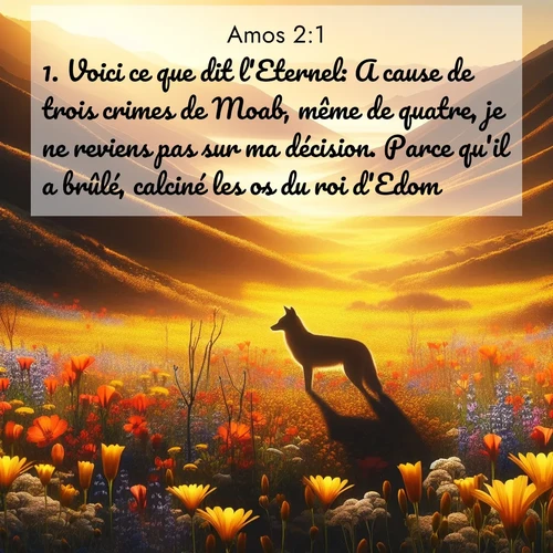 Segond21 Amos  ; image nature: image avec le verset biblique :Voici ce que dit l&#039;Eternel: A cause de trois crimes de Moab, même de quatre, je ne reviens pas sur ma décision. Parce qu&#039;il a brûlé, calciné les os du roi d&#039;Edom, ;  ; 2:1