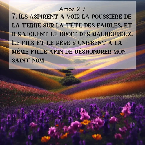 Segond21 Amos  ; image nature: image avec le verset biblique :Ils aspirent à voir la poussière de la terre sur la tête des faibles, et ils violent le droit des malheureux. Le fils et le père s&#039;unissent à la même fille afin de déshonorer mon saint nom. ;  ; 2:7