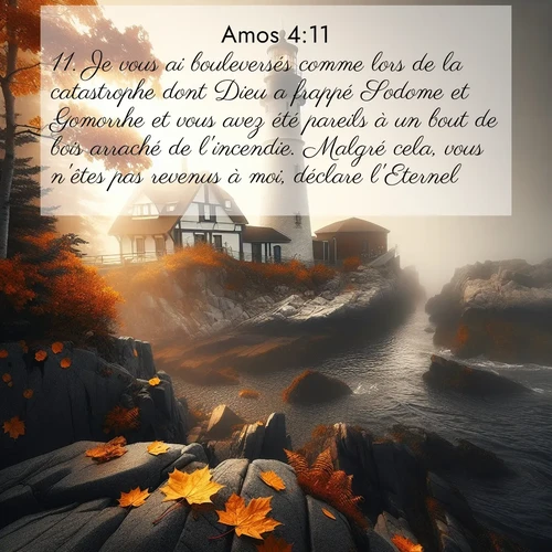 Segond21 Amos  ; image nature: image avec le verset biblique :Je vous ai bouleversés comme lors de la catastrophe dont Dieu a frappé Sodome et Gomorrhe et vous avez été pareils à un bout de bois arraché de l&#039;incendie. Malgré cela, vous n&#039;êtes pas revenus à moi, déclare l&#039;Eternel. ;  ; 4:11