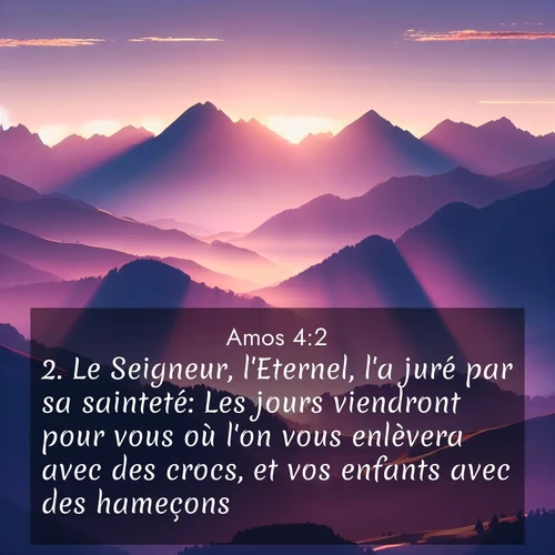 Segond21 Amos  ; image nature: image avec le verset biblique :Le Seigneur, l&#039;Eternel, l&#039;a juré par sa sainteté: Les jours viendront pour vous où l&#039;on vous enlèvera avec des crocs, et vos enfants avec des hameçons. ;  ; 4:2