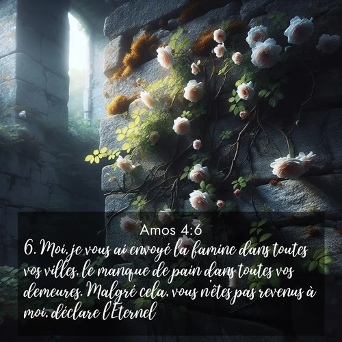 Segond21 Amos  ; image nature: image avec le verset biblique :Moi, je vous ai envoyé la famine dans toutes vos villes, le manque de pain dans toutes vos demeures. Malgré cela, vous n&#039;êtes pas revenus à moi, déclare l&#039;Eternel. ;  ; 4:6