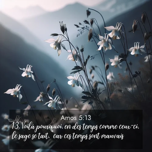 Segond21 Amos  ; image nature: image avec le verset biblique :Voilà pourquoi, en des temps comme ceux-ci, le sage se tait, *car ces temps sont mauvais. ;  ; 5:13