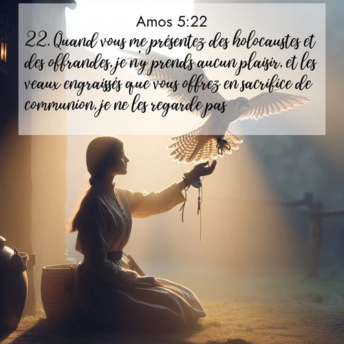 Segond21 Amos  ; image nature: image avec le verset biblique :Quand vous me présentez des holocaustes et des offrandes, je n&#039;y prends aucun plaisir, et les veaux engraissés que vous offrez en sacrifice de communion, je ne les regarde pas. ;  ; 5:22