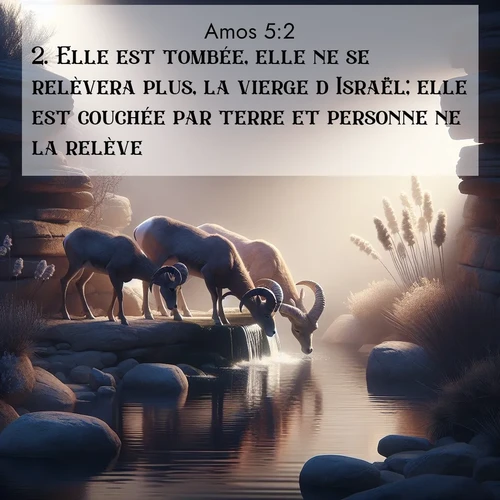 Segond21 Amos  ; image nature: image avec le verset biblique :Elle est tombée, elle ne se relèvera plus, la vierge d&#039;Israël; elle est couchée par terre et personne ne la relève. ;  ; 5:2