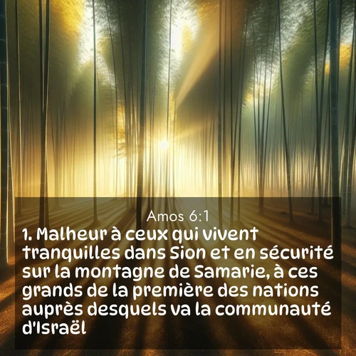 Segond21 Amos  ; image nature: image avec le verset biblique :Malheur à ceux qui vivent tranquilles dans Sion et en sécurité sur la montagne de Samarie, à ces grands de la première des nations auprès desquels va la communauté d&#039;Israël! ;  ; 6:1