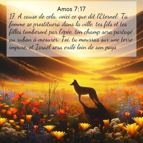 Segond21 Amos  ; image nature: image avec le verset biblique :A cause de cela, voici ce que dit l&#039;Eternel: &#039;Ta femme se prostituera dans la ville, tes fils et tes filles tomberont par l&#039;épée, ton champ sera partagé au ruban à mesurer. Toi, tu mourras sur une terre impure, et Israël sera exilé loin de son pays.&#039;» ;  ; 7:17