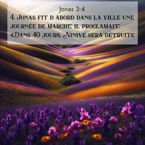 Segond21 Jonas  ; image nature: image avec le verset biblique :Jonas fit d&#039;abord dans la ville une journée de marche; il proclamait: «Dans 40 jours, Ninive sera détruite!» ;  ; 3:4
