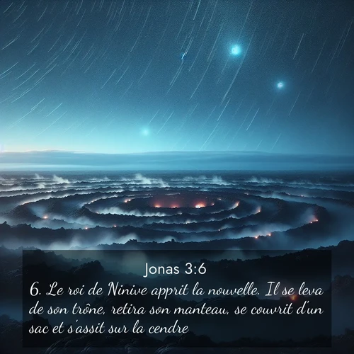 Segond21 Jonas  ; image nature: image avec le verset biblique :Le roi de Ninive apprit la nouvelle. Il se leva de son trône, retira son manteau, se couvrit d&#039;un sac et s&#039;assit sur la cendre. ;  ; 3:6