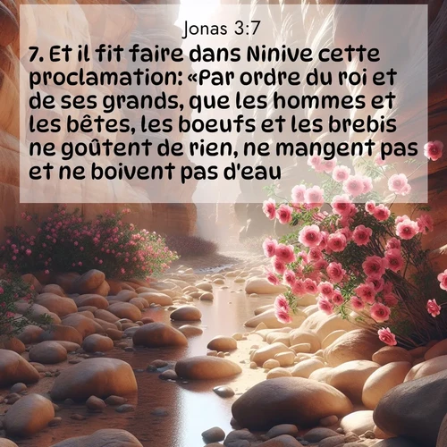 Segond21 Jonas  ; image nature: image avec le verset biblique :Et il fit faire dans Ninive cette proclamation: «Par ordre du roi et de ses grands, que les hommes et les bêtes, les boeufs et les brebis ne goûtent de rien, ne mangent pas et ne boivent pas d&#039;eau! ;  ; 3:7