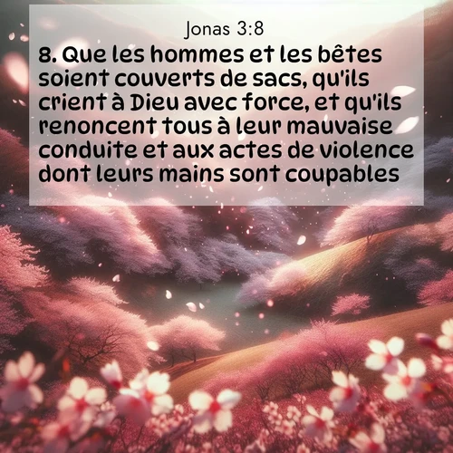 Segond21 Jonas  ; image nature: image avec le verset biblique :Que les hommes et les bêtes soient couverts de sacs, qu&#039;ils crient à Dieu avec force, et qu&#039;ils renoncent tous à leur mauvaise conduite et aux actes de violence dont leurs mains sont coupables! ;  ; 3:8