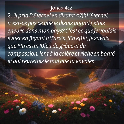 Segond21 Jonas  ; image nature: image avec le verset biblique :Il pria l&#039;Eternel en disant: «Ah! Eternel, n&#039;est-ce pas ce que je disais quand j&#039;étais encore dans mon pays? C&#039;est ce que je voulais éviter en fuyant à Tarsis. En effet, je savais que *tu es un Dieu de grâce et de compassion, lent à la colère et riche en bonté, et qui regrettes le mal que tu envoies. ;  ; 4:2