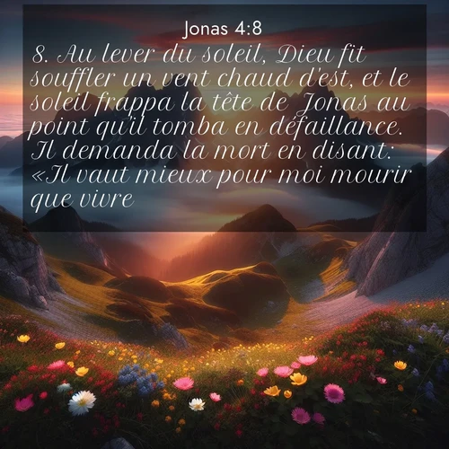 Segond21 Jonas  ; image nature: image avec le verset biblique :Au lever du soleil, Dieu fit souffler un vent chaud d&#039;est, et le soleil frappa la tête de Jonas au point qu&#039;il tomba en défaillance. Il demanda la mort en disant: «Il vaut mieux pour moi mourir que vivre.» ;  ; 4:8