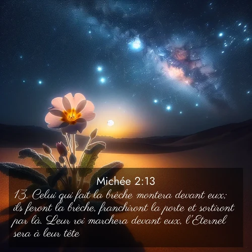 Segond21 Michée  ; image nature: image avec le verset biblique :Celui qui fait la brèche montera devant eux; ils feront la brèche, franchiront la porte et sortiront par là. Leur roi marchera devant eux, l&#039;Eternel sera à leur tête. ;  ; 2:13