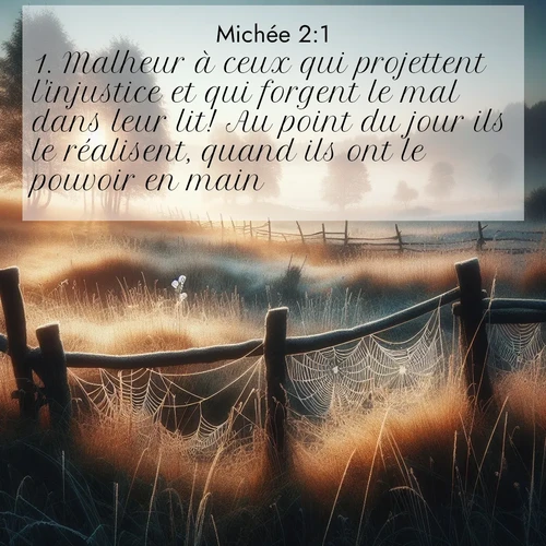 Segond21 Michée  ; image nature: image avec le verset biblique :Malheur à ceux qui projettent l&#039;injustice et qui forgent le mal dans leur lit! Au point du jour ils le réalisent, quand ils ont le pouvoir en main. ;  ; 2:1