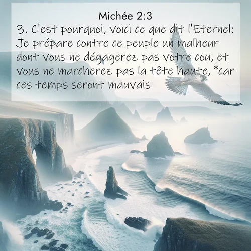 Segond21 Michée  ; image nature: image avec le verset biblique :C&#039;est pourquoi, voici ce que dit l&#039;Eternel: Je prépare contre ce peuple un malheur dont vous ne dégagerez pas votre cou, et vous ne marcherez pas la tête haute, *car ces temps seront mauvais. ;  ; 2:3