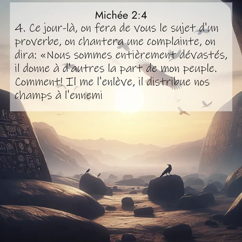 Segond21 Michée  ; image nature: image avec le verset biblique :Ce jour-là, on fera de vous le sujet d&#039;un proverbe, on chantera une complainte, on dira: «Nous sommes entièrement dévastés, il donne à d&#039;autres la part de mon peuple. Comment! Il me l&#039;enlève, il distribue nos champs à l&#039;ennemi.» ;  ; 2:4
