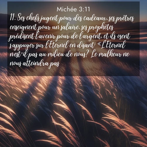 Segond21 Michée  ; image nature: image avec le verset biblique :Ses chefs jugent pour des cadeaux, ses prêtres enseignent pour un salaire, ses prophètes prédisent l&#039;avenir pour de l&#039;argent, et ils osent s&#039;appuyer sur l&#039;Eternel en disant: «L&#039;Eternel n&#039;est-il pas au milieu de nous? Le malheur ne nous atteindra pas.» ;  ; 3:11