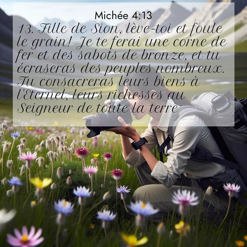 Segond21 Michée  ; image nature: image avec le verset biblique :Fille de Sion, lève-toi et foule le grain! Je te ferai une corne de fer et des sabots de bronze, et tu écraseras des peuples nombreux. Tu consacreras leurs biens à l&#039;Eternel, leurs richesses au Seigneur de toute la terre. ;  ; 4:13