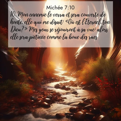 Segond21 Michée  ; image nature: image avec le verset biblique :Mon ennemie le verra et sera couverte de honte, elle qui me disait:  «Où est l&#039;Eternel, ton Dieu?» Mes yeux se réjouiront à sa vue; alors elle sera piétinée comme la boue des rues. ;  ; 7:10