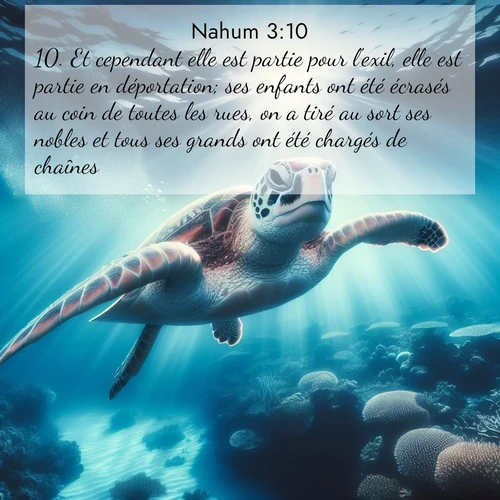 Segond21 Nahum  ; image nature: image avec le verset biblique :Et cependant elle est partie pour l&#039;exil, elle est partie en déportation; ses enfants ont été écrasés au coin de toutes les rues, on a tiré au sort ses nobles et tous ses grands ont été chargés de chaînes. ;  ; 3:10