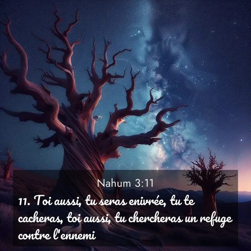 Segond21 Nahum  ; image nature: image avec le verset biblique :Toi aussi, tu seras enivrée, tu te cacheras, toi aussi, tu chercheras un refuge contre l&#039;ennemi. ;  ; 3:11
